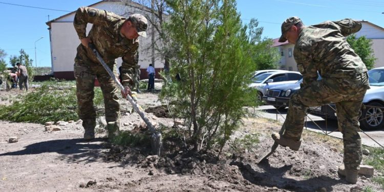 Военный городок «Жұлдыз» в Сарыозеке озеленяют в рамках «Таза Қазақстан»